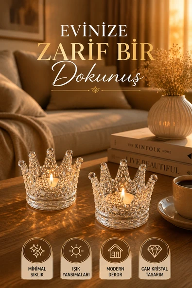 2'li Set Kristal Taç Mumluk Şeffaf - Resim 2