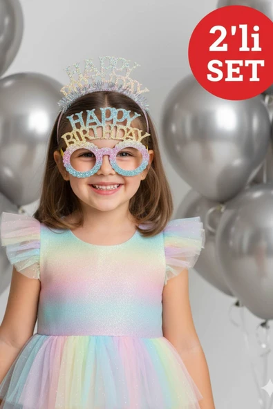 Renkli Happy Birthday Simli Doğum Günü Taç ve Gözlük Seti – 2’li Parti Aksesuarı Fotoğraf Konsepti ürün görseli 1
