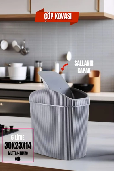 6 Lt Çöp Kovası, Mutfak, Banyo, Tuvalet, Ofis Çöp Kutusu Gri ürün görseli 1