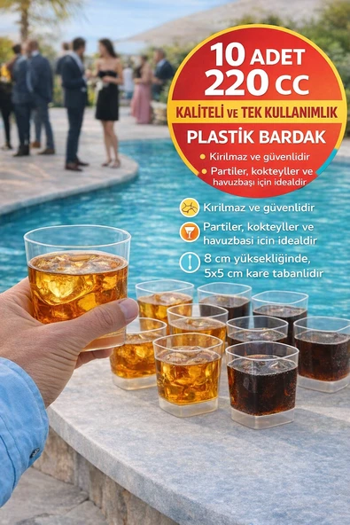 10'lu Set Viski, Meşrubat Kare Plastik Bardak – 220 cc ürün görseli 1