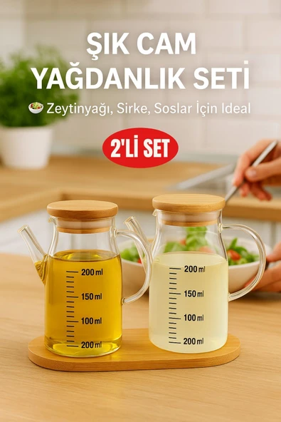 2’li Cam Yağlık Sirkelik Seti 200 ml Ölçülü Borosilikat Cam Yağdanlık + Bambu Stand ürün görseli 1