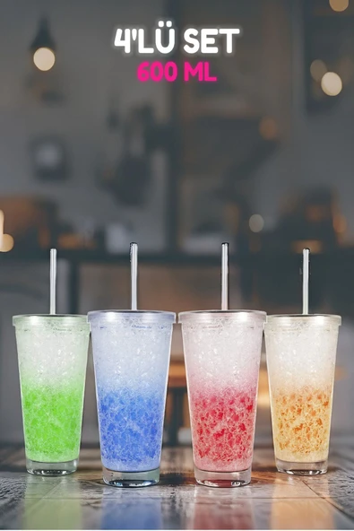 4'lü Pipetli Cool Bardaklar, Soğuk Kahve, Meşrubat, Kokteyl Bardakları ürün görseli 1