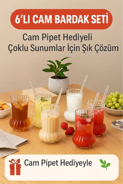 6 Adet Premium Cam Bardak Cam Pipet Hediyeli– Soğuk Kahve, Limonata ve Soda Sunumlar 500 ml ürün görseli 1