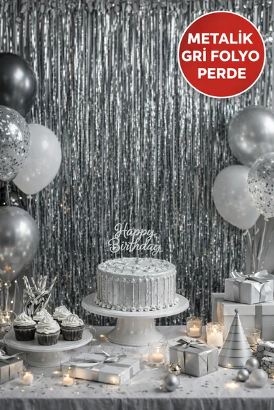 Metalik Gri Parlak Parti Perdesi 100x200 cm – Doğum Günü, Baby Shower, Fotoğraf Arka Fon 100*200 ürün görseli 1