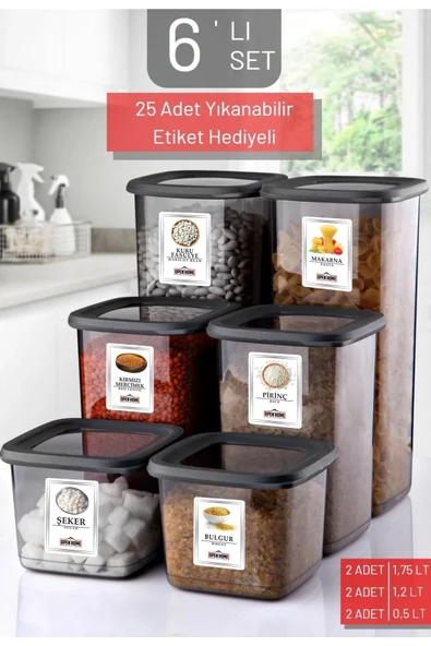 6'lı Set Etiketli, Kırılmaz Kare Erzak Saklama Kabı Antrasit X2 1,75 Lt/1,2 Lt/0,5 Lt ürün görseli 1