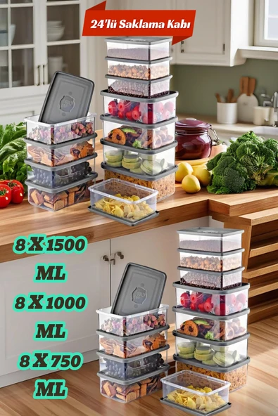24'Lü Set Dikdörtgen Mikrodalga & Difriz Uyumlu Saklama Kabı X8 0,75 Lt/1 Lt/1,5 Lt ürün görseli 1