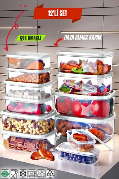 12'li Set Dikdörtgen Saklama Kabı Seti Beyaz ürün görseli 1