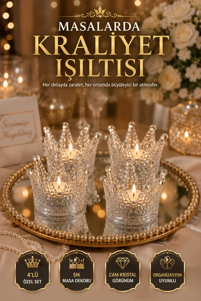 4'lü Set Kristal Taç Mumluk Şeffaf - Resim 4