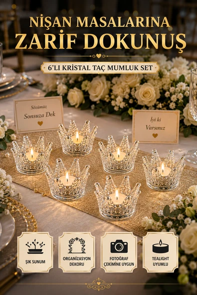 6'lı Set Kristal Taç Mumluk Şeffaf - Resim 2