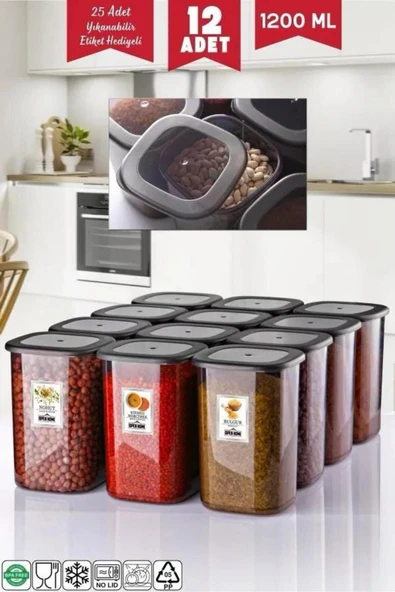 Etiketli 12 Adet 1200 Ml Ekonomik Kırılmaz Antrasit Saklama Kabı ürün görseli 1