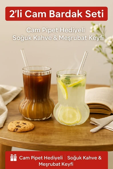2 Adet Premium Cam Bardak Cam Pipet Hediyeli– Soğuk Kahve, Limonata ve Soda Sunumlar 500 ml ürün görseli 1