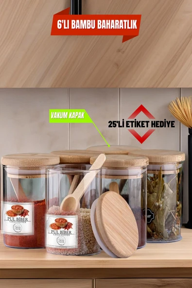 6'lı Cam Vakumlu Bambu Kapaklı Borosilikat Baharatlık, Saklama Kabı, Çerezlik (200 ml) ürün görseli 1