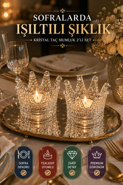 2'li Set Kristal Taç Mumluk Şeffaf - Resim 5