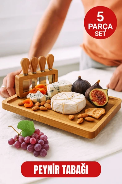 5 Parça Bambu Peynir Sunum Tahtası Seti – Bıçak, Çatal ve Spatulalı Şık Peynir Kesim Panosu ürün görseli 1