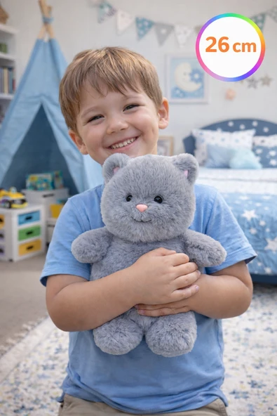 26 cm Gri Peluş Kedi | Yumuşak Oyuncak | Çocuk Odası Dekoru & Sevimli Hediye ürün görseli 1