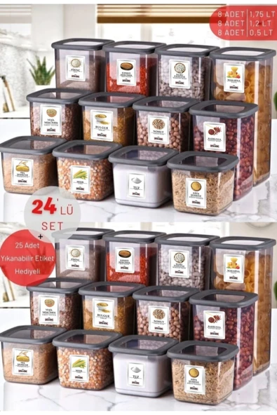 24'lü Set Etiketli, Kırılmaz Kare Erzak Saklama Kabı Antrasit X8 1,75 Lt/1,2 Lt/0,5 Lt ürün görseli 1