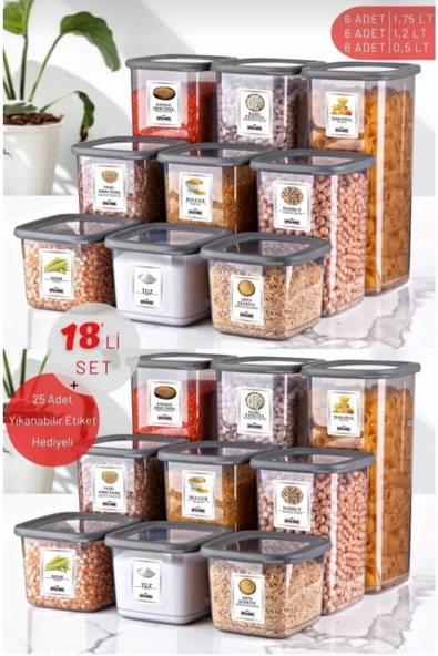 18'li Set Etiketli, Kırılmaz Kare Erzak Saklama Kabı Antrasit X6 1,75 Lt/1,2 Lt/0,5 Lt ürün görseli 1