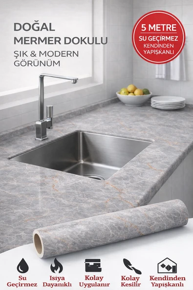 Gri Mermer Desenli Kendinden Yapışkanlı Su Geçirmez Tezgah Kaplama Folyo – Parlak Yüzey 60x500 CM ürün görseli 1