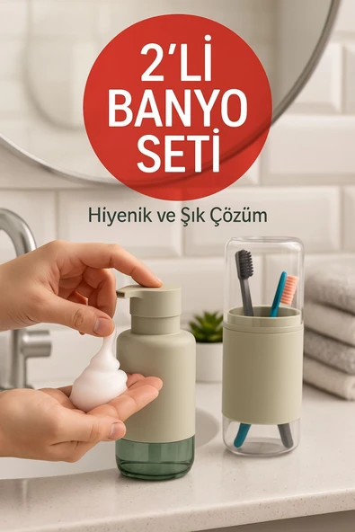 2'li Pratik Sıvı Sabunluk ve Diş Fırçalık Seti Taş Gri ürün görseli 1