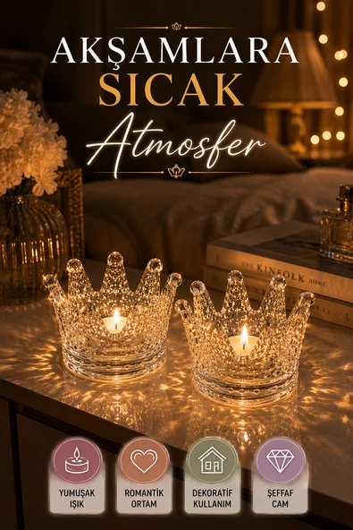 2'li Set Kristal Taç Mumluk Şeffaf - Resim 3