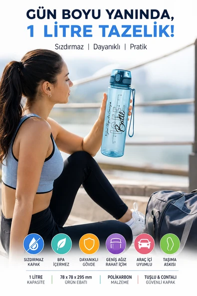 1 Litre Spor Su Matarası Sızdırmaz Kilitli Kapaklı BPA İçermez Okul Ofis Matara Mavi ürün görseli 1