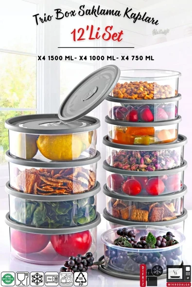 12'li Set Yuvarlak Mikrodalga & Difriz Uyumlu Trio Saklama Kabı X4 0,75 Lt/1 Lt/1,5 Lt ürün görseli 1