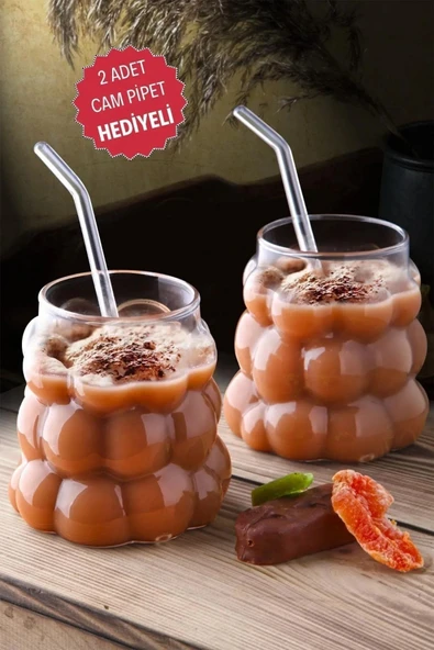 2 Adet Üzüm Model Borosilikat Kokteyl ve Soğuk-Sıcak Kahve Bardağı Pipet Hediyeli 350 Ml ürün görseli 1