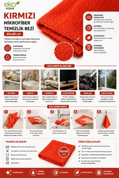 Eko Home Kırmızı Mikrofiber Temizlik Bezi 40x40 cm ürün görseli 1