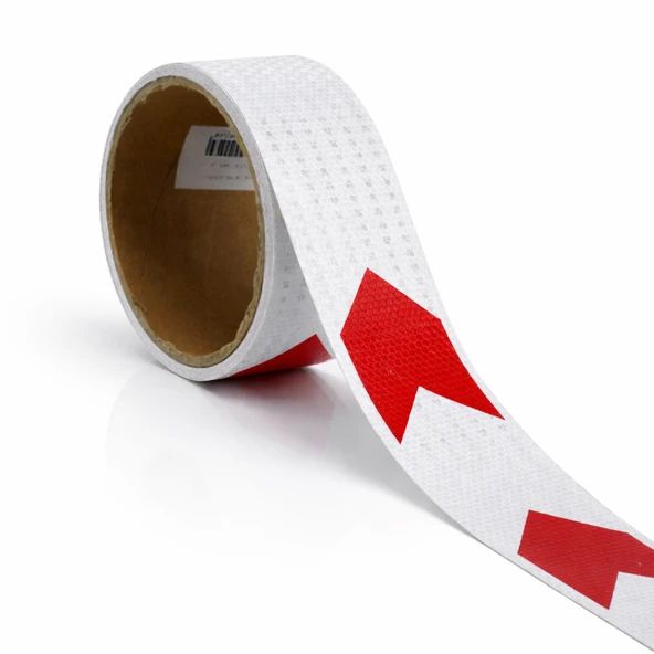 Yapışkanlı 7.5 cm ( 1 Metre )  Kırmızı Beyaz Petekli Ok Yönlendirme Reflektörlü Reflektif Şerit Bant ürün görseli 1