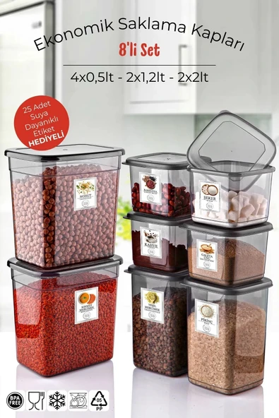 8'li Set Saklama Kabı – Antrasit Renkli, Pratik ve Şık 2x2lt-2x1,2lt-4x550 ML ürün görseli 1
