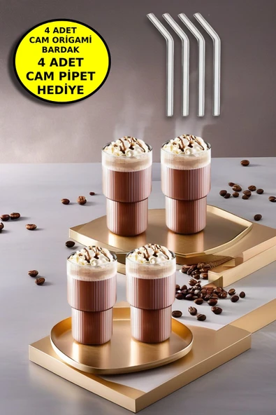 4'lü Origami Cam Model Borosilikat Soğuk Kahve Kokteyl Meşrubat Bardak 300 Ml-4'lü Cam Pipet Hediye ürün görseli 1