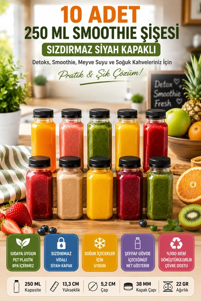 10 Adet Smoothie Detoks Şişesi Şeffaf Plastik Sızdırmaz Kapak Köşeli Meyve Suyu Şişesi 250 Ml ürün görseli 1