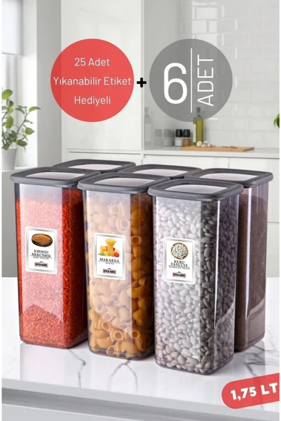 Suya Dayanıklı Etiketli, 6 Adet 1,75 Lt Kırılmaz Kare Erzak Saklama Kabı Antrasit ürün görseli 1