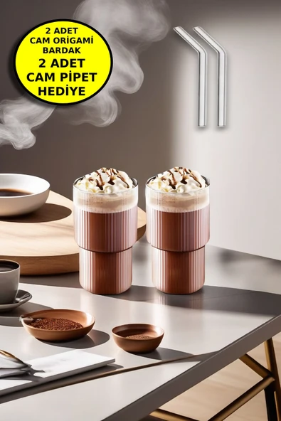2'li Origami Cam Model Borosilikat Soğuk Kahve Kokteyl Meşrubat Bardak 300 Ml-2'li Cam Pipet Hediye ürün görseli 1