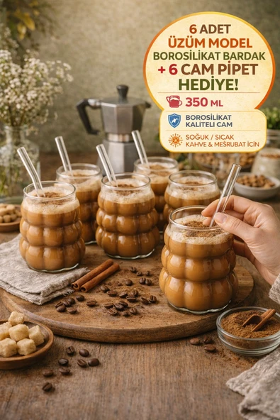 6 Adet Üzüm Model Borosilikat Kokteyl  Soğuk Sıcak Kahve Meşrubat Bardağı 6 Cam Pipet Hediye 350 ML ürün görseli 1