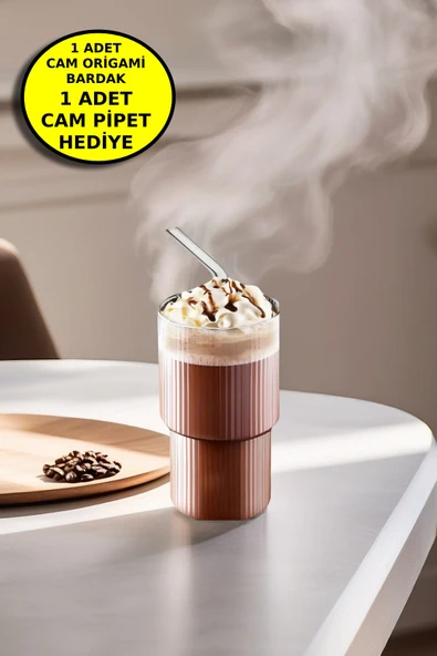 1'li Origami Cam Model Borosilikat Soğuk Kahve Kokteyl Meşrubat Bardak 300 Ml-1'li Cam Pipet Hediye ürün görseli 1
