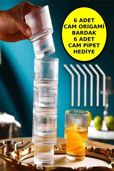 6'lı Origami Cam Model Borosilikat Kokteyl Meşrubat Bardak Seti 300 ml - 6 Adet Cam Pipet Hediyeli ürün görseli 1