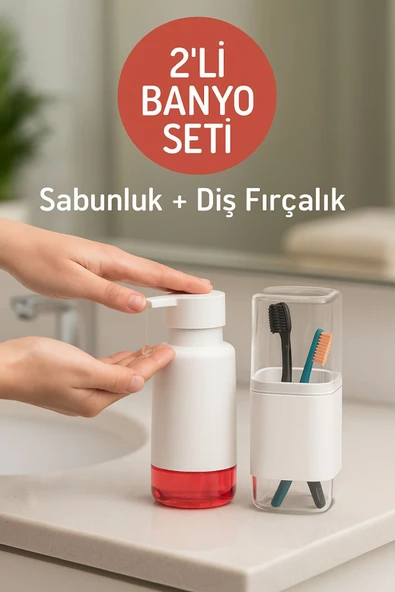 2'li Pratik Sıvı Sabunluk ve Diş Fırçalık Seti Beyaz ürün görseli 1