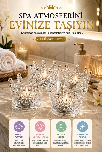 4'lü Set Kristal Taç Mumluk Şeffaf ürün görseli 1
