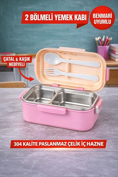 Pembe Benmarili Paslanmaz Çelik Yemek Kabı 2 Bölmeli Beslenme Kabı Saklama Kabı Lunch Box ürün görseli 1
