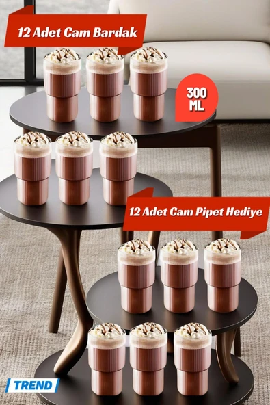 12'li Origami Cam Model Borosilikat Soğuk Kahve Kokteyl Meşrubat Bardak 300 Ml-12 Cam Pipet Hediye ürün görseli 1