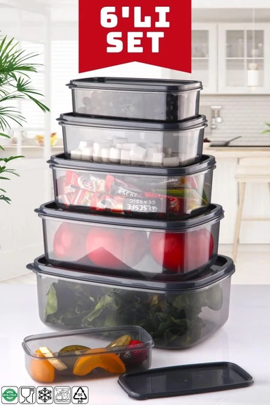 6 Lı Dikdörtgen Antrasit Saklama Kabı Seti 300 Ml-500 ml 800 ml 1200 ml 1900 ml 2900 ml ürün görseli 1