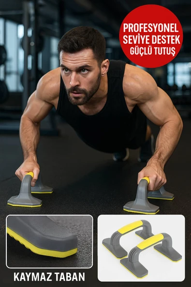 Sarı Kaymaz Tabanlı Push-Up Standı – Ev ve Salon Kullanımına Uygun Güçlü Destek Aparatı ürün görseli 1