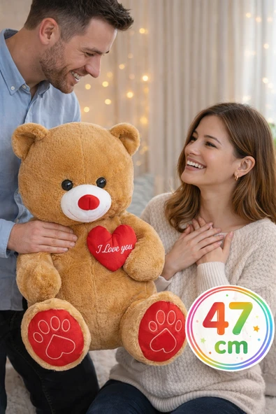 47 cm Kahverengi Peluş Ayı – Kalpli I Love You Yazılı Sevgiliye Özel Büyük Peluş Oyuncak ürün görseli 1