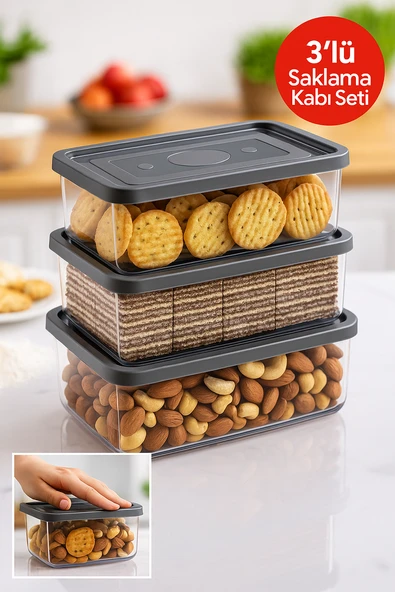 3’lü Dikdörtgen Trio Saklama Kabı Seti 0.70L–1.0L–1.5L | Gri Kapak ürün görseli 1
