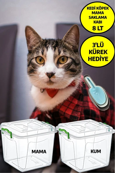 2 Adet 8 LT 3'lü Kürek Hediyeli Kedi Köpek Kuru Mama Kum Saklama Kabı Kutusu Seti ürün görseli 1