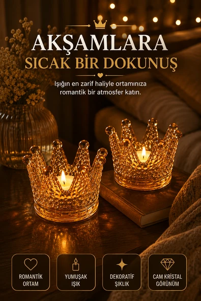2'li Set Kristal Taç Mumluk Gold - Resim 2