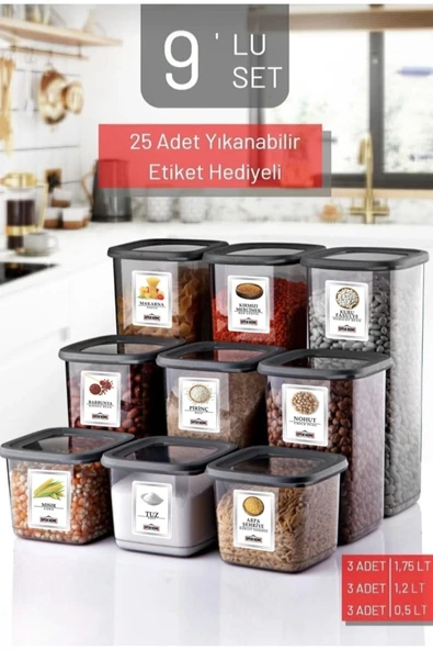 9'lu Set Etiketli, Kırılmaz Kare Erzak Saklama Kabı Antrasit X3 1,75 Lt/1,2 Lt/0,5 Lt ürün görseli 1
