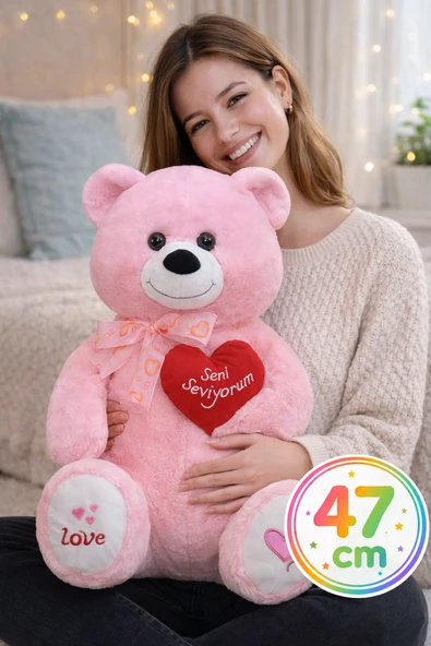 47 cm Pembe Peluş Ayı – Kalpli I Love You Yazılı Sevgiliye Özel Büyük Peluş Oyuncak ürün görseli 1