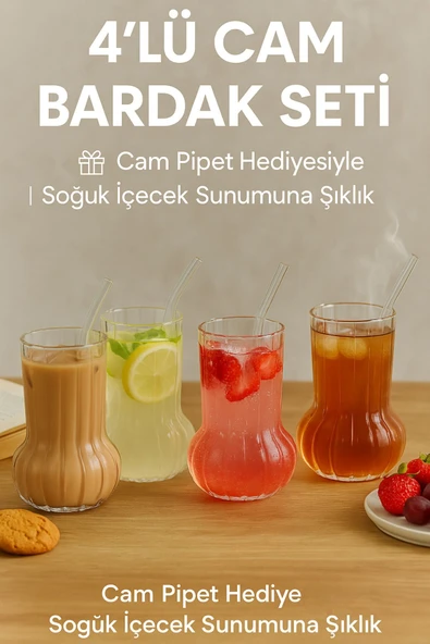 4 Adet Premium Cam Bardak Cam Pipet Hediyeli– Soğuk Kahve, Limonata ve Soda Sunumlar 500 ml ürün görseli 1